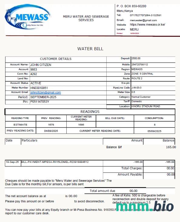 Kenya Meru Water and Sewerage Services rachunek za media template in Word i PDF formats